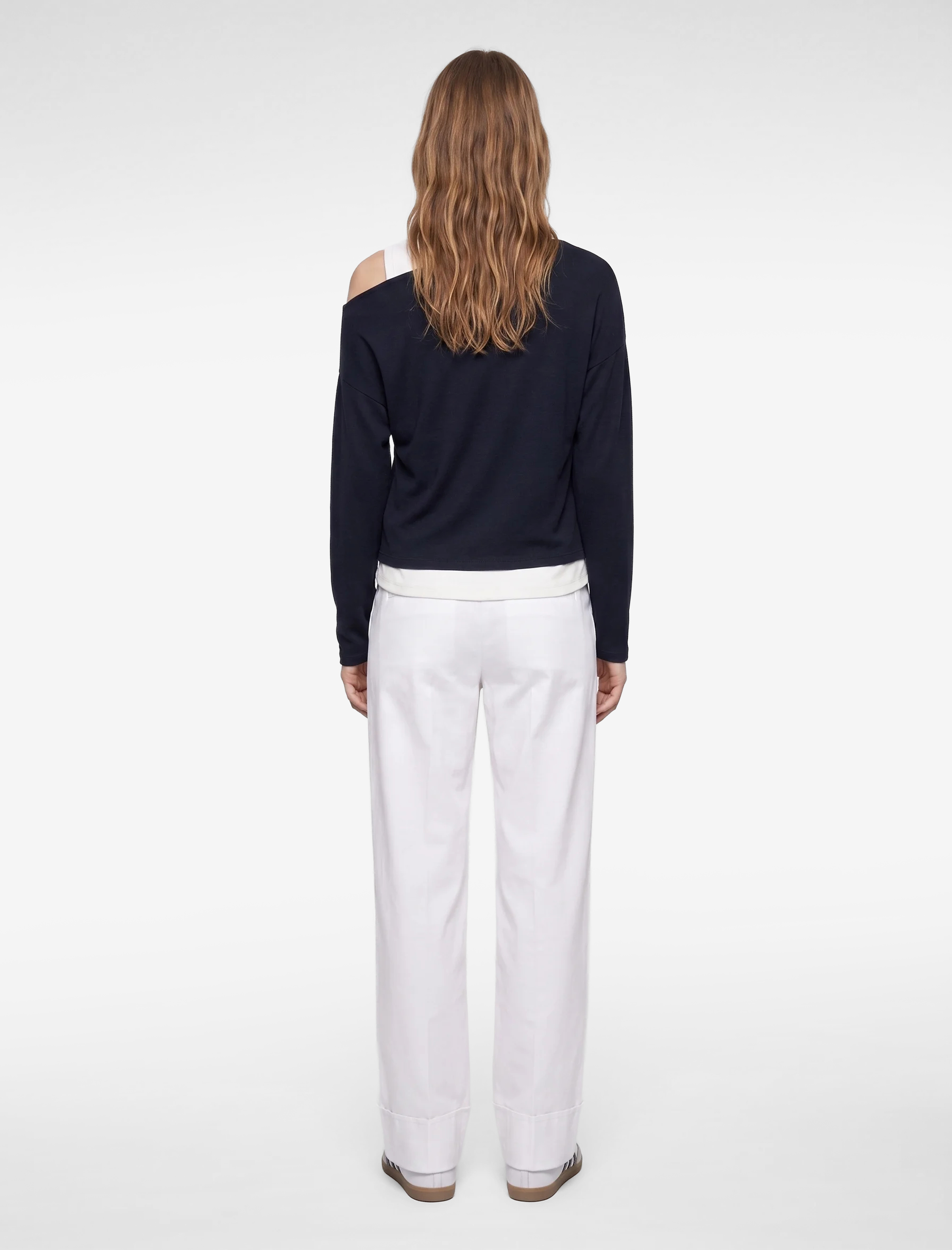   Slim Fit Viskon Karışımlı Asimetrik Yaka Uzun Kollu Katmanlı Tişört