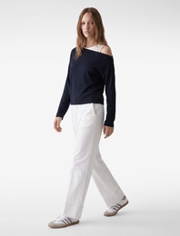 Slim Fit Viskon Karışımlı Asimetrik Yaka Uzun Kollu Katmanlı Tişört