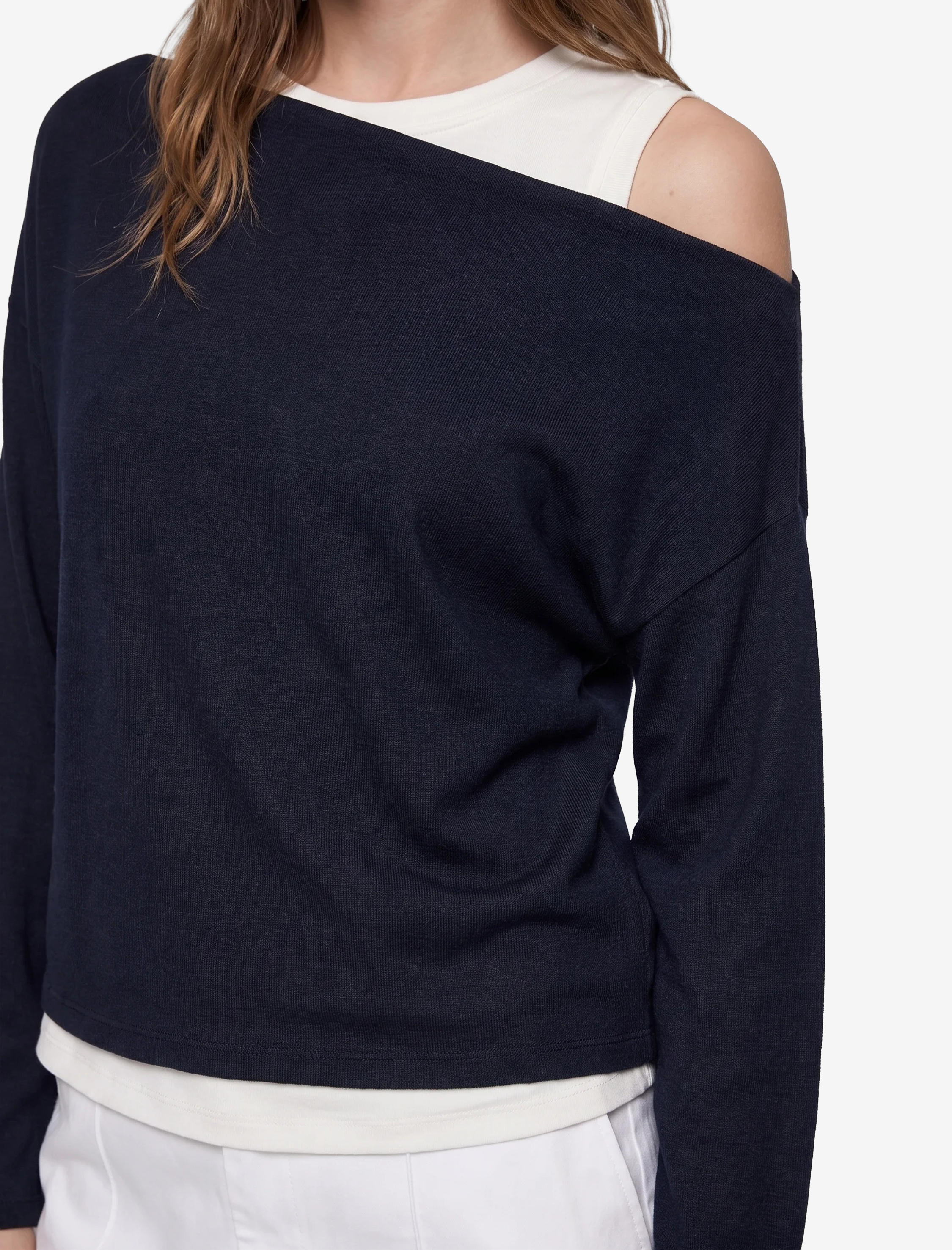   Slim Fit Viskon Karışımlı Asimetrik Yaka Uzun Kollu Katmanlı Tişört