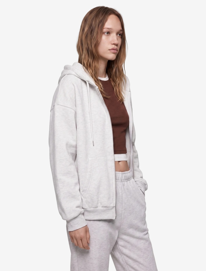  Şardonlu Uzun Kollu Kanguru Cepli Nakışlı Fermuarlı Kapüşonlu Sweatshirt