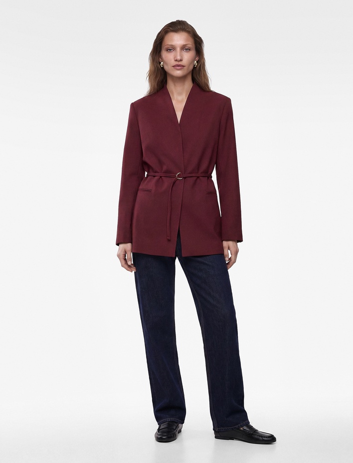  Kemerli Kruvaze Yaka Uzun Kollu Blazer Ceket