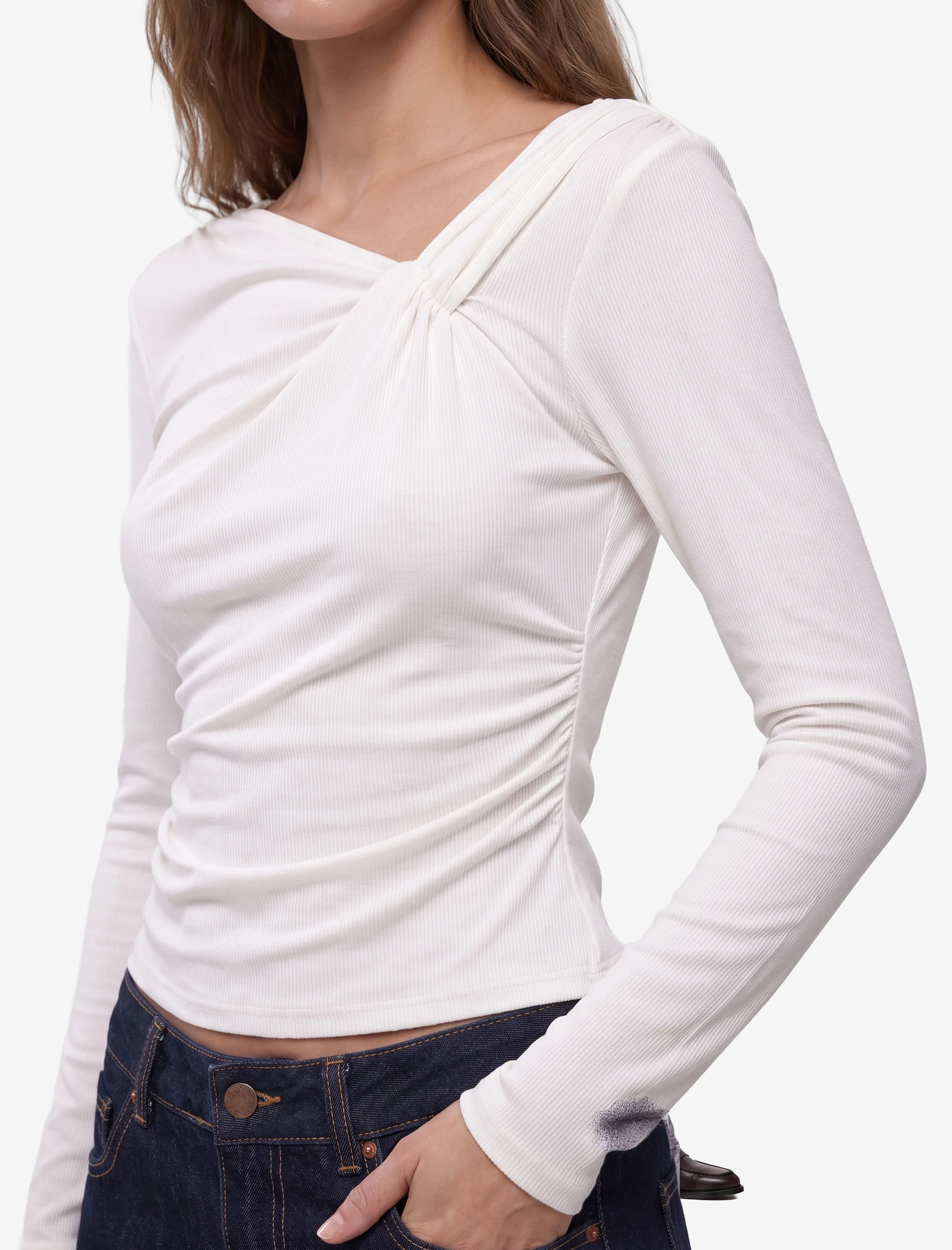   Slim Fit Uzun Kollu Asimetrik Yaka Büzgülü Bluz