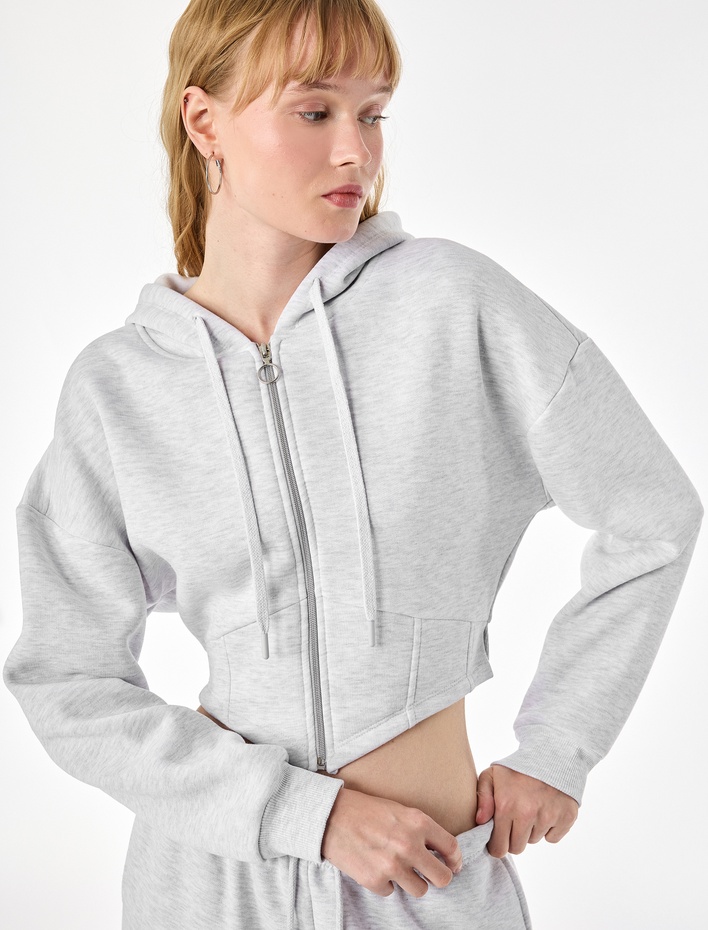  Şardonlu Uzun Kollu Kapüşonlu Korse Detaylı Fermuarlı Crop Sweatshirt