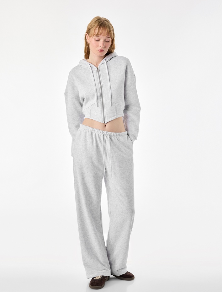  Şardonlu Uzun Kollu Kapüşonlu Korse Detaylı Fermuarlı Crop Sweatshirt