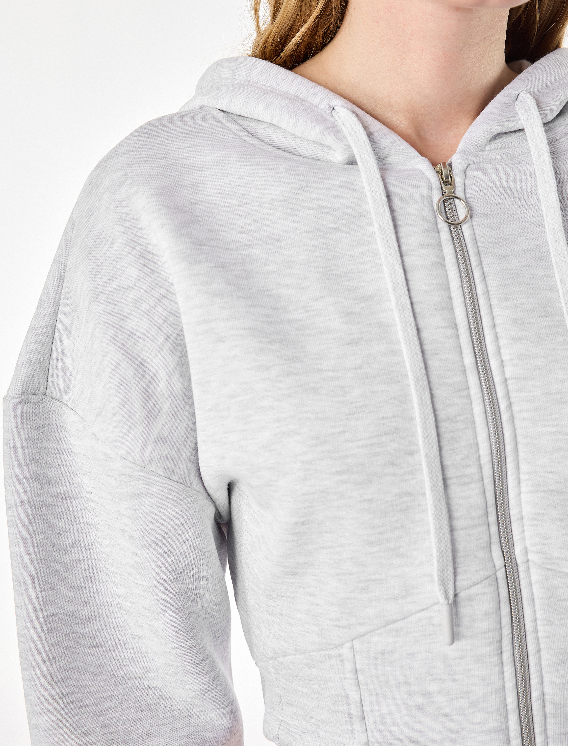   Şardonlu Uzun Kollu Kapüşonlu Korse Detaylı Fermuarlı Crop Sweatshirt