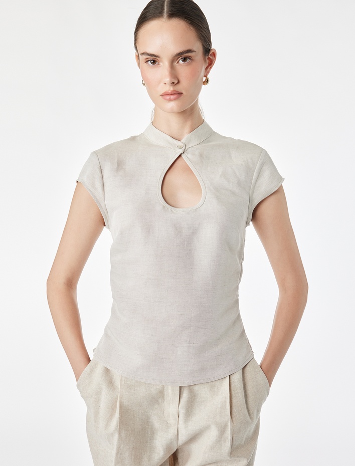  Damla Pencere Detaylı Mandarin Qipao Yaka Kısa Kollu Keten Bluz