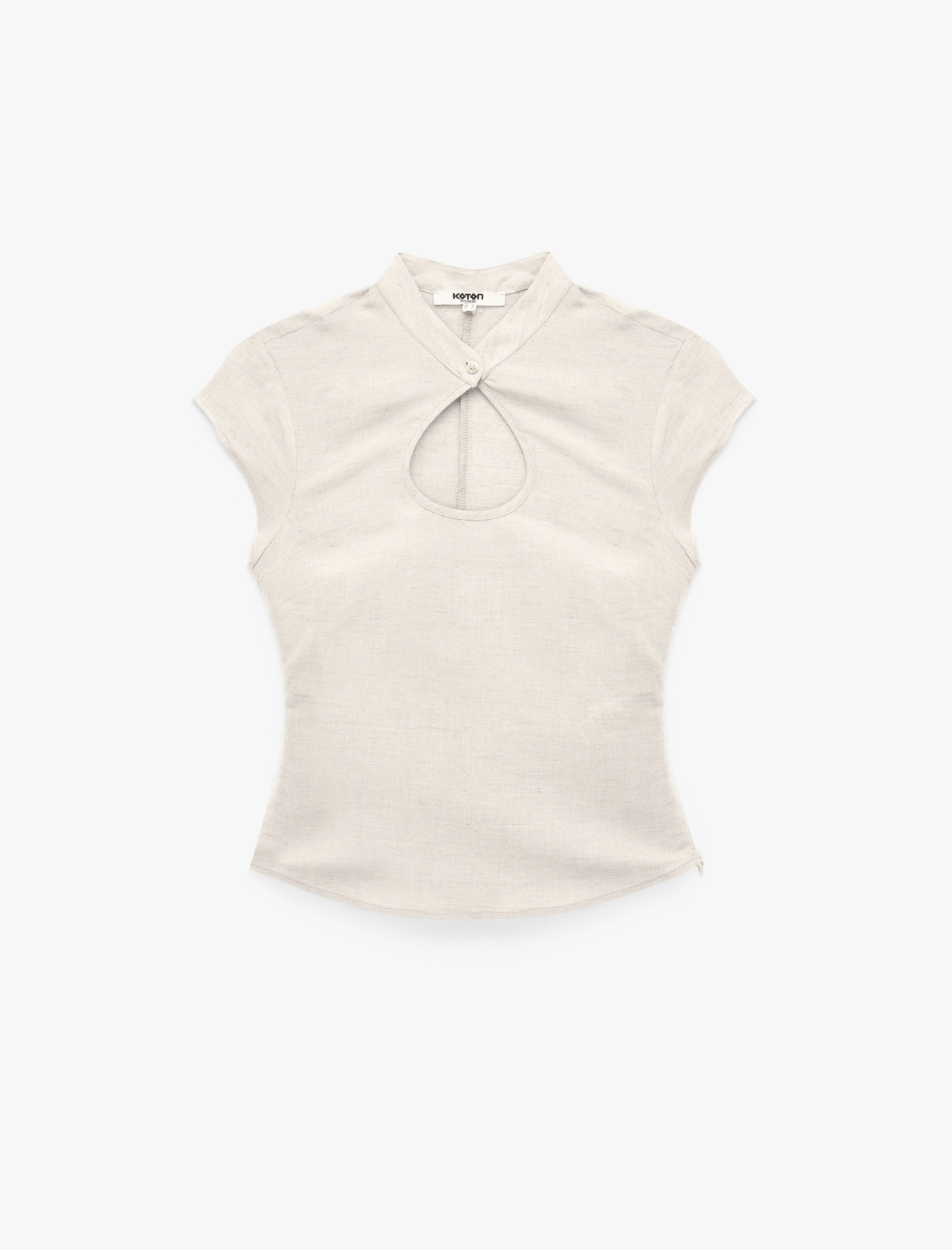 Koton Damla Pencere Detaylı Mandarin Qipao Yaka Kısa Kollu Keten Bluz görsel 6