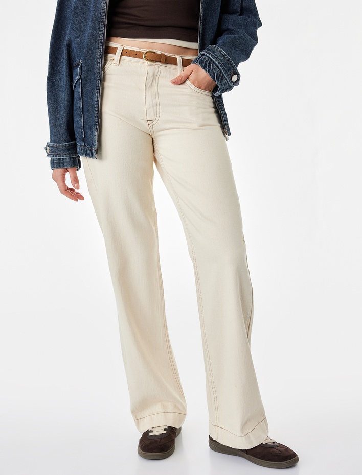  Pamuklu Kemerli Cepli Normal Bel Uzun Düz Paça Pantolon - Straight Fit Jean