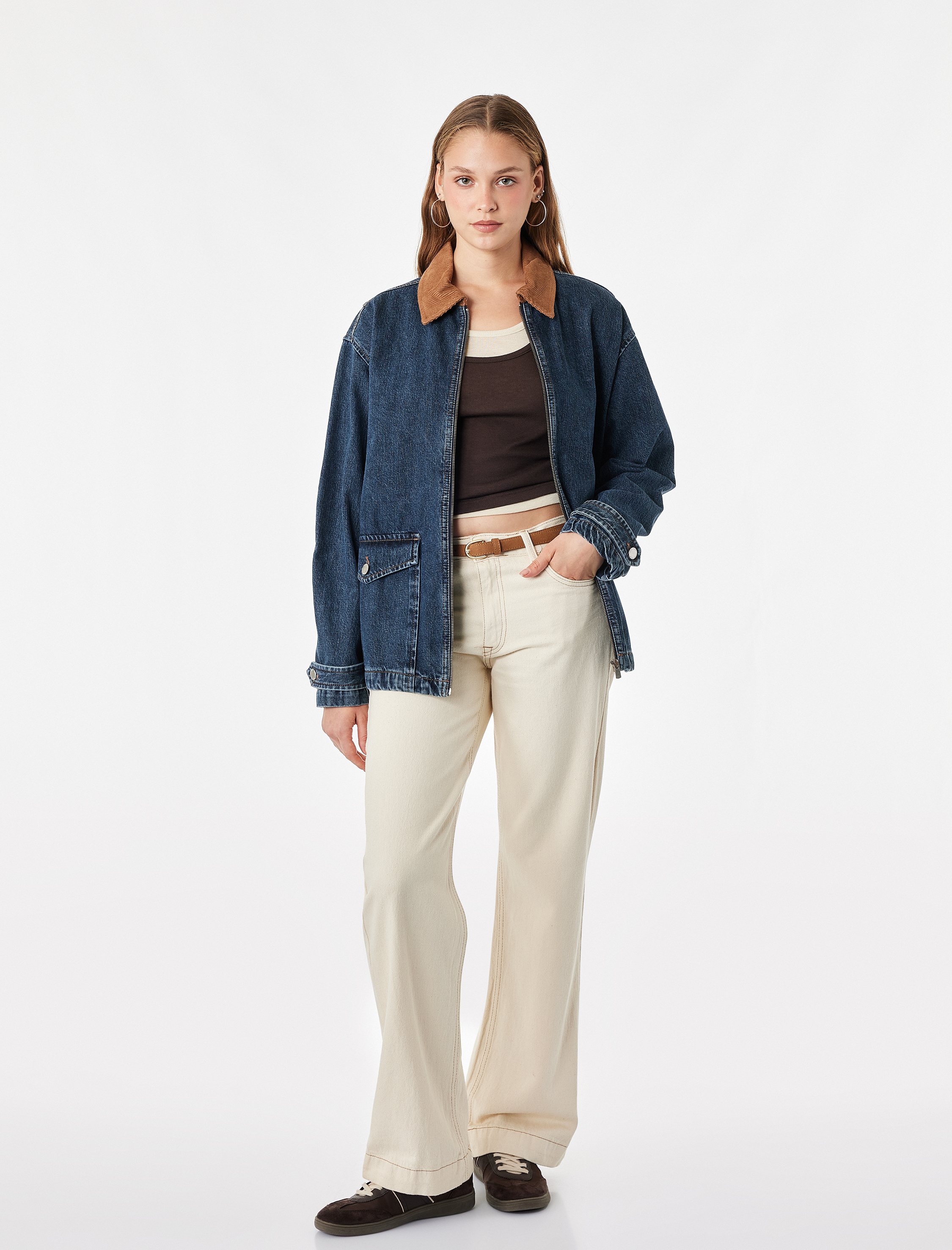 Koton Pamuklu Kemerli Cepli Normal Bel Uzun Düz Paça Pantolon - Straight Fit Jean