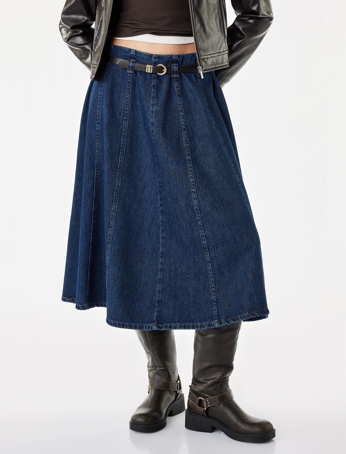 Kemerli Volanlı Normal Bel Rahat Kalıp Pamuklu Denim Midi Etek