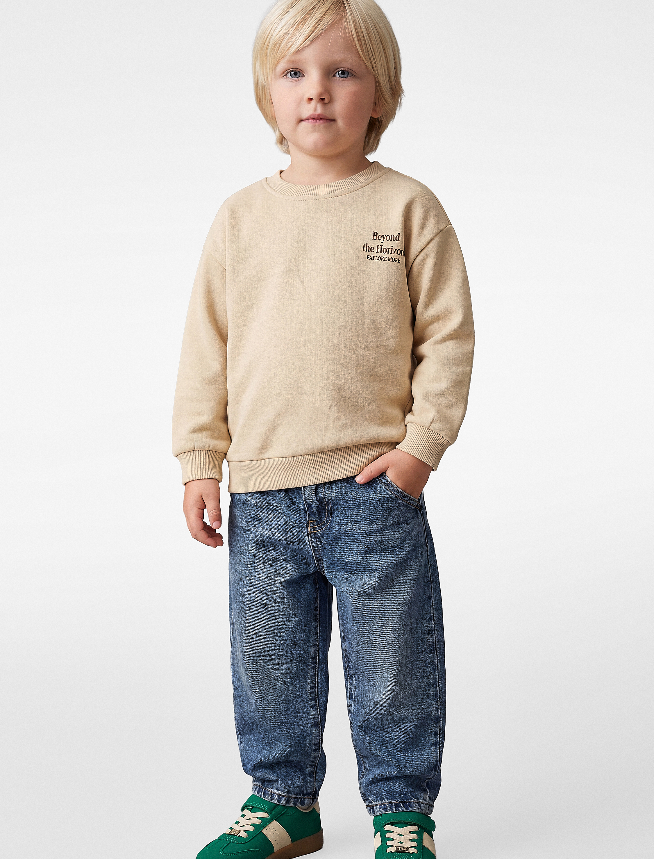  Erkek Bebek Baskılı Şardonlu Pamuklu Bisiklet Yaka Uzun Kollu Sweatshirt