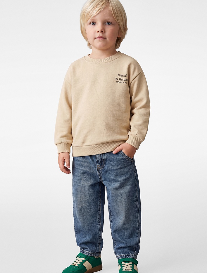 Erkek Bebek Baskılı Şardonlu Pamuklu Bisiklet Yaka Uzun Kollu Sweatshirt