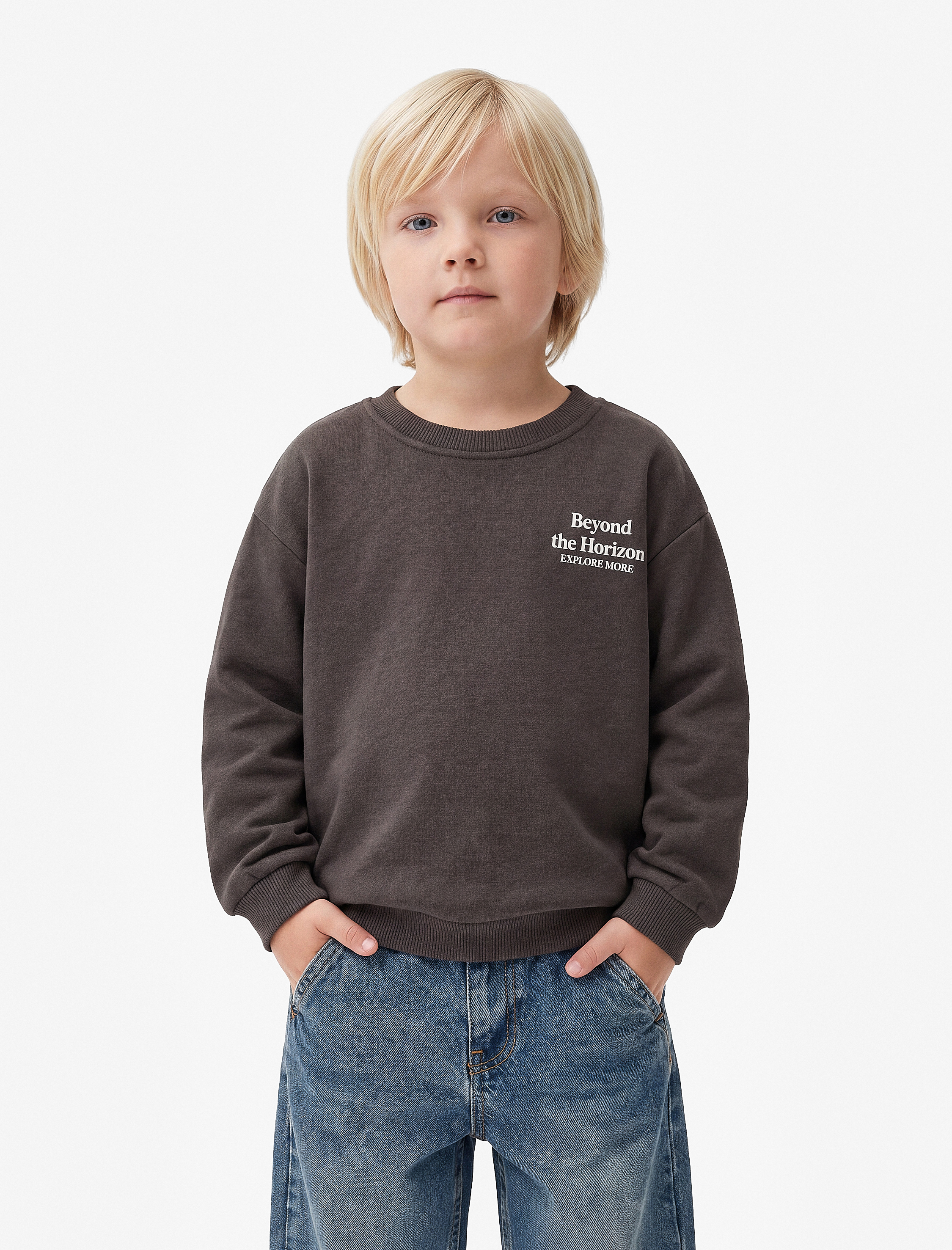  Erkek Bebek Baskılı Şardonlu Pamuklu Bisiklet Yaka Uzun Kollu Sweatshirt