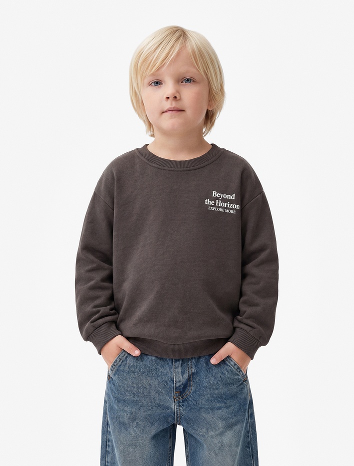 Erkek Bebek Baskılı Şardonlu Pamuklu Bisiklet Yaka Uzun Kollu Sweatshirt