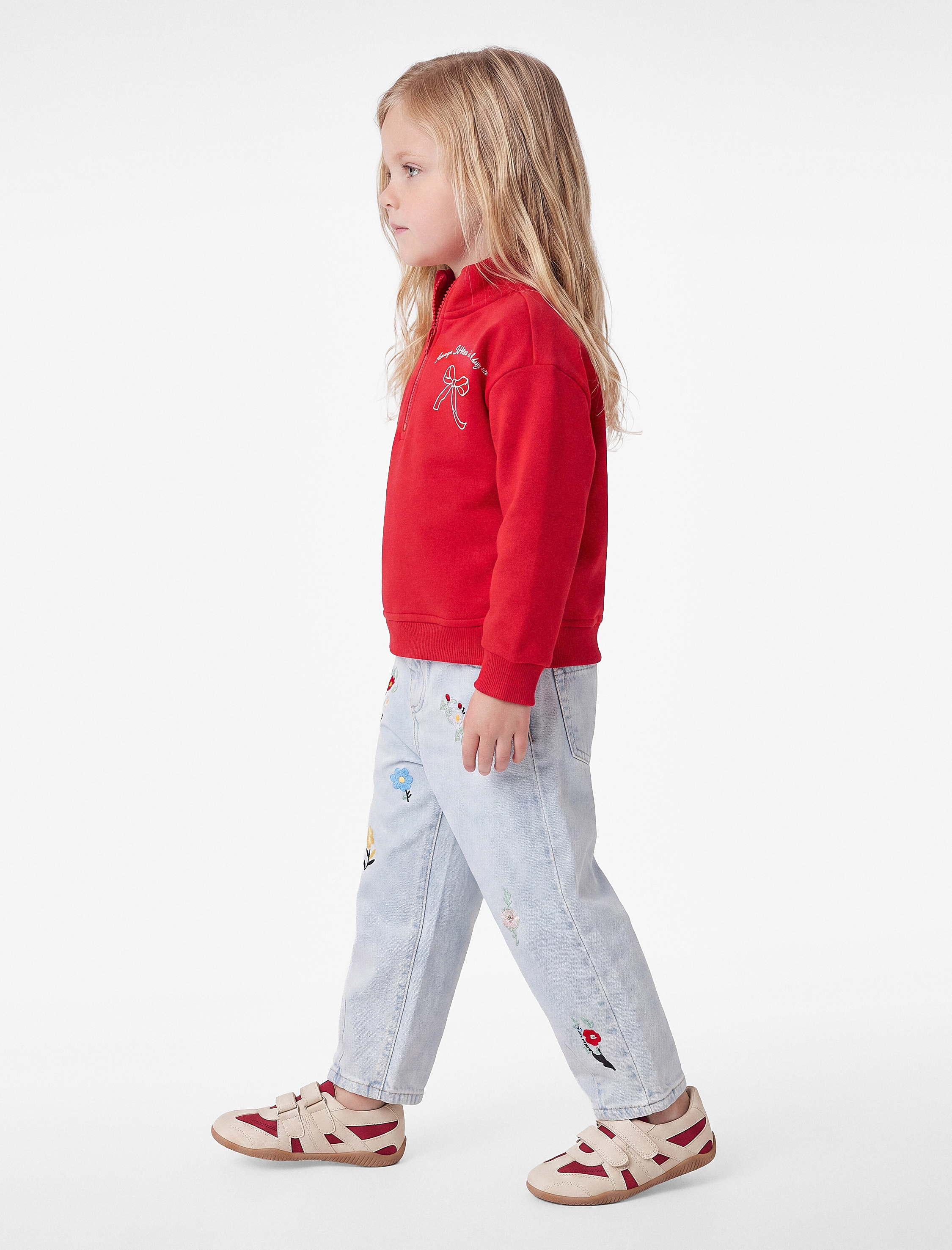  Kız Bebek Fiyonk Baskı Detaylı Şardonlu Uzun Kollu Fermuarlı Yaka Sweatshirt
