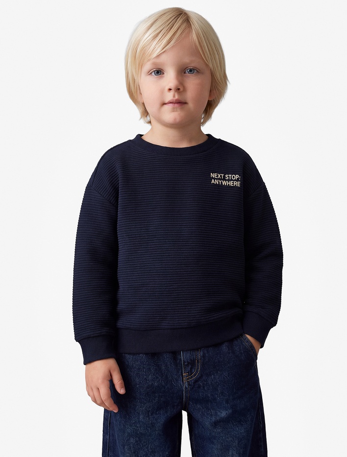 Erkek Bebek Nakış Detaylı Uzun Kollu Bisiklet Yaka Oversize Sweatshirt