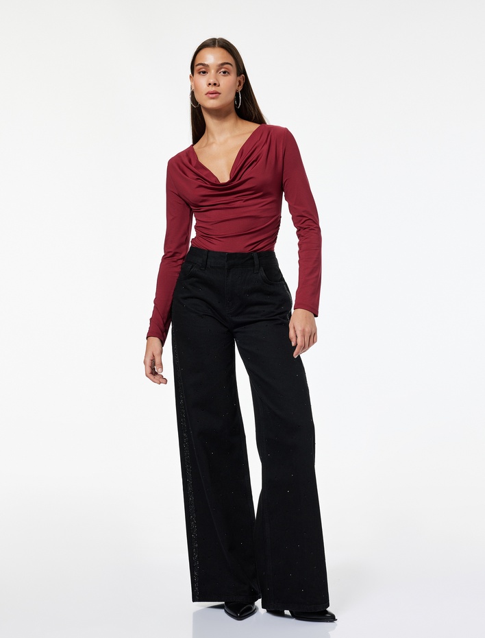  Slim Fit Uzun Kollu Degaje Yaka Drapeli Tişört