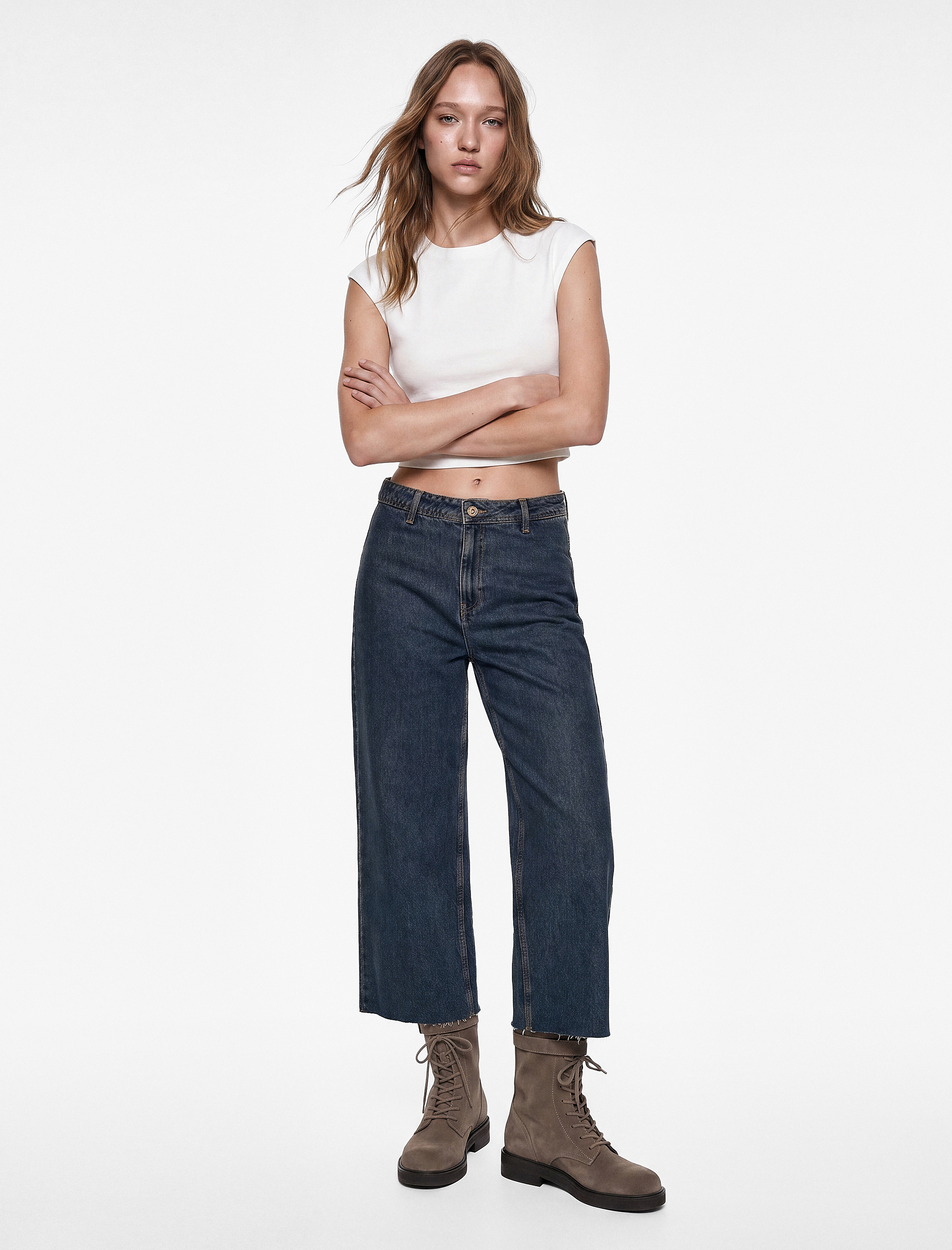   Yüksek Bel Rahat Kalıp Pamuklu Denim Pantolon - Culotte Jeans