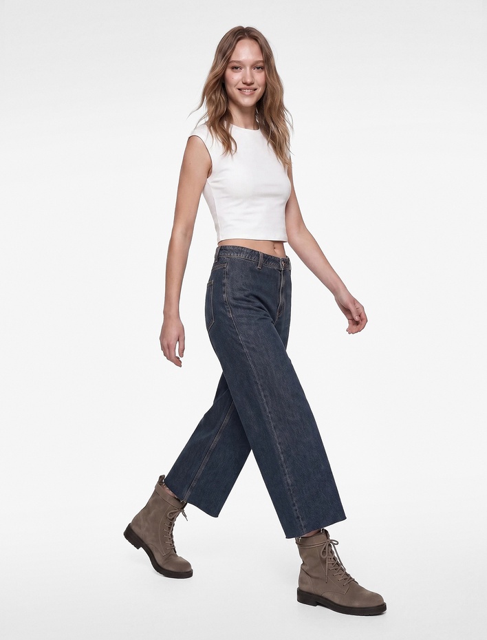  Yüksek Bel Rahat Kalıp Pamuklu Denim Pantolon - Culotte Jeans