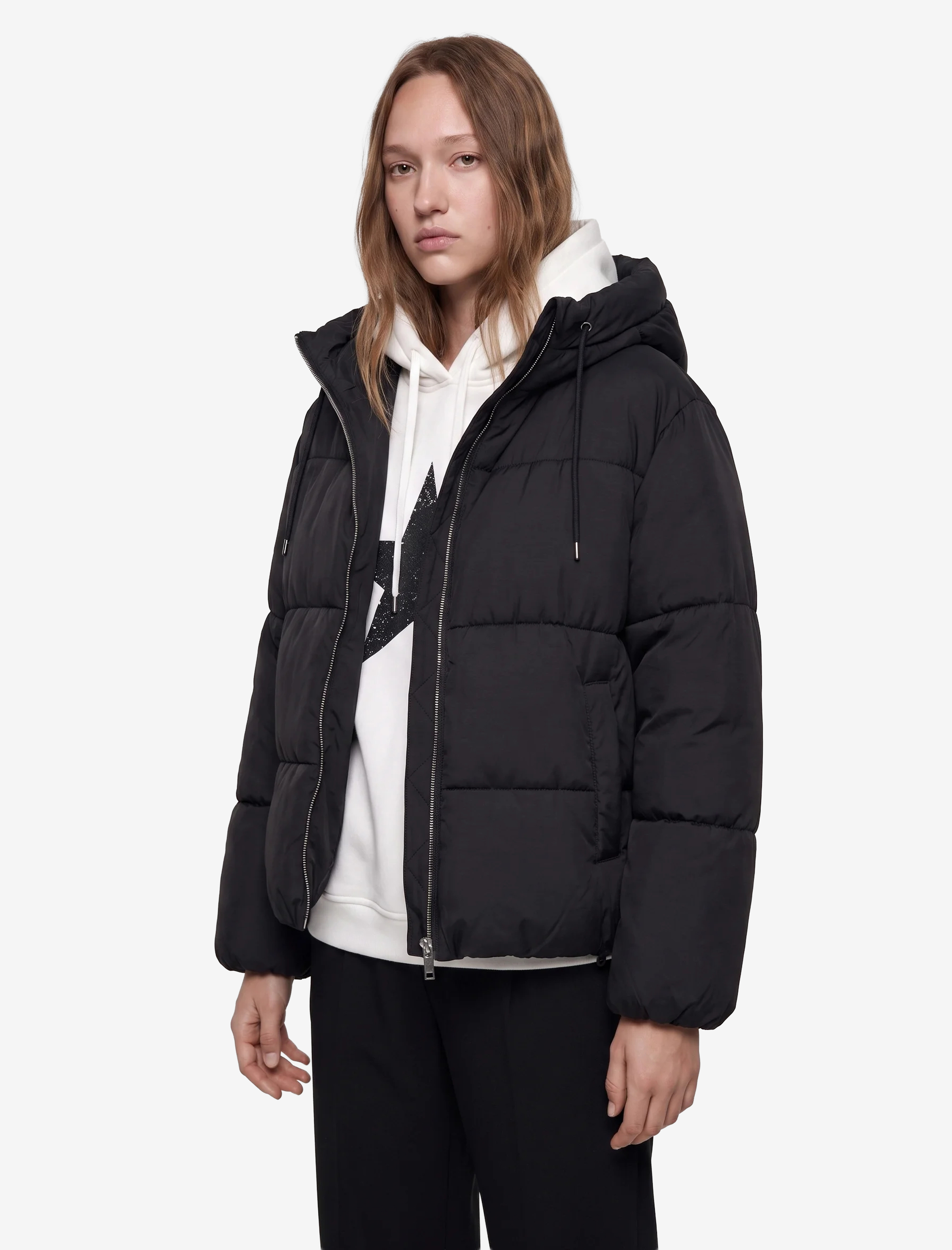   Cepli Kapüşonlu Uzun Kollu Fermuarlı Anorak Şişme Mont