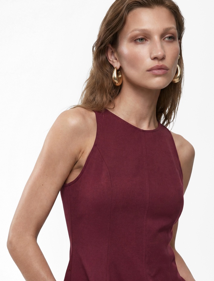  Keten Karışımlı Kolsuz Bisiklet Yaka Peplum Top