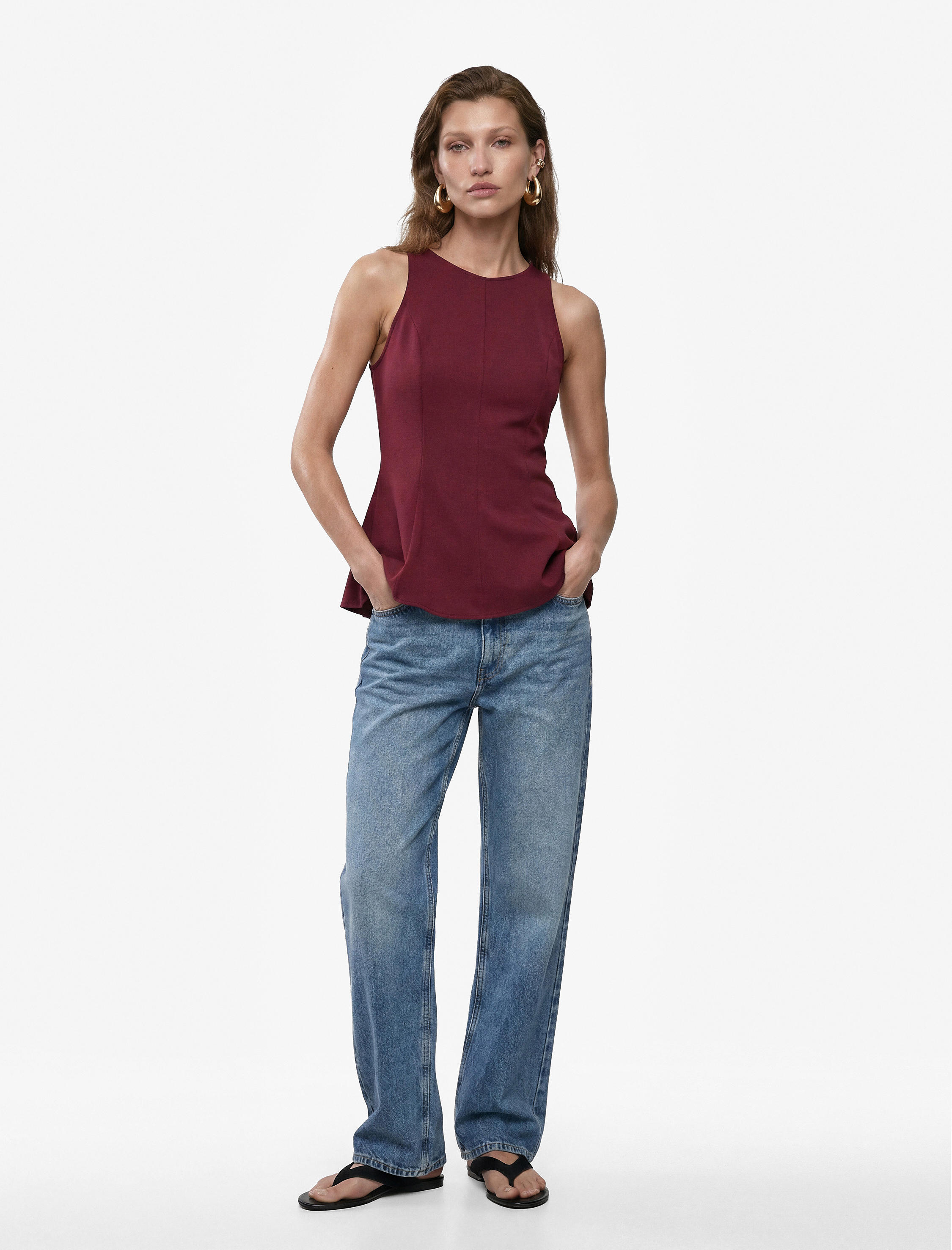 Koton Keten Karışımlı Kolsuz Bisiklet Yaka Peplum Top