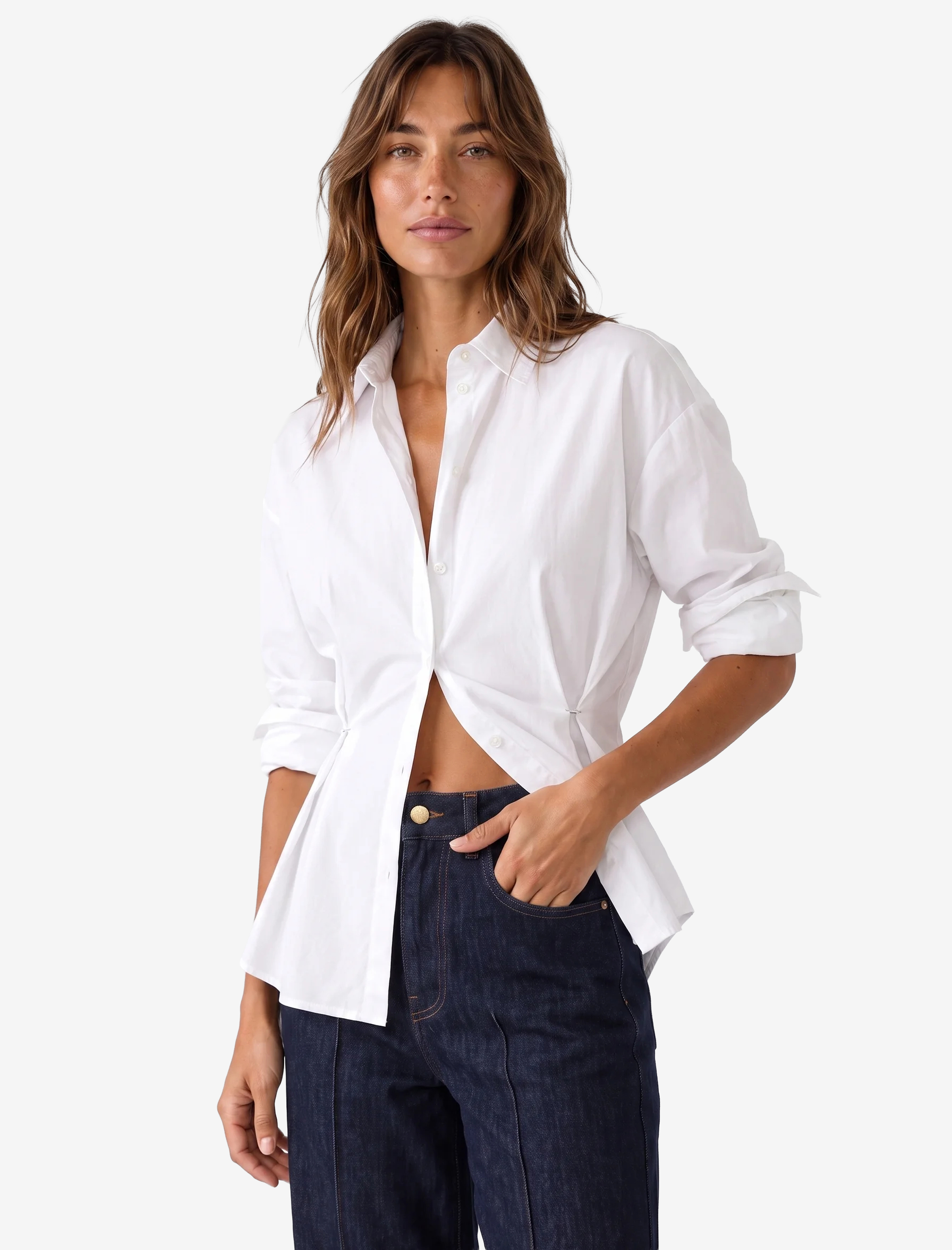   Pamuklu Uzun Kollu Pileli Bel Vurgulu Düğmeli Poplin Oversize Gömlek