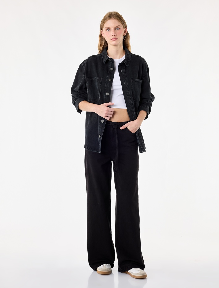  Pamuklu Bol Kalıp Çıtçıt Düğmeli Beli Bağcıklı Denim Pantolon  - Loose Fit Jeans