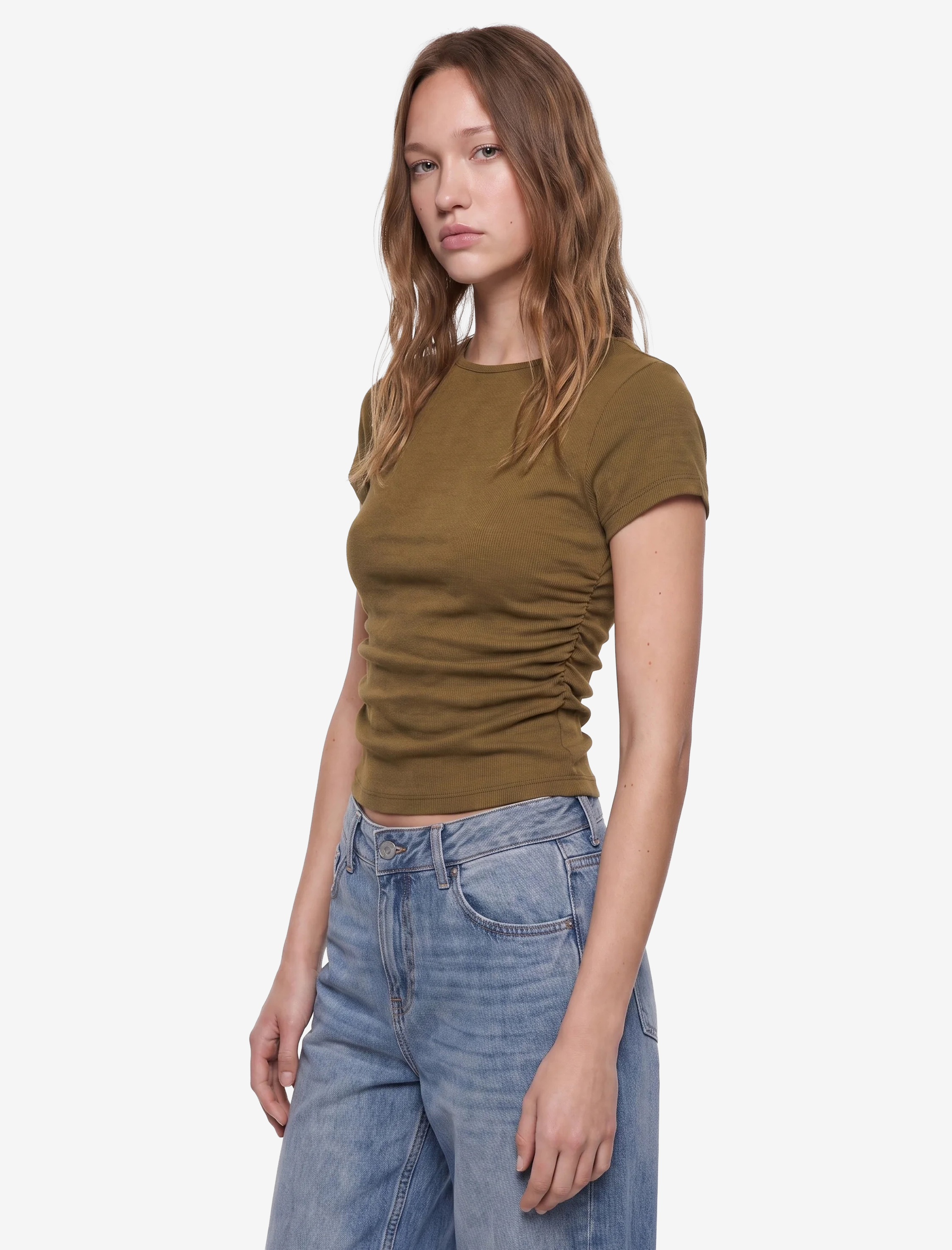 Koton Pamuklu Slim Fit Kayık Yaka Kısa Kollu Drapeli Tişört görsel 2