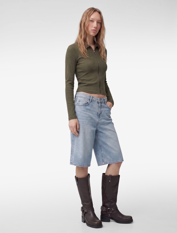  Pamuklu Slim Fit Fermuarlı Uzun Kollu Kaşkorse Polo Yaka Tişört