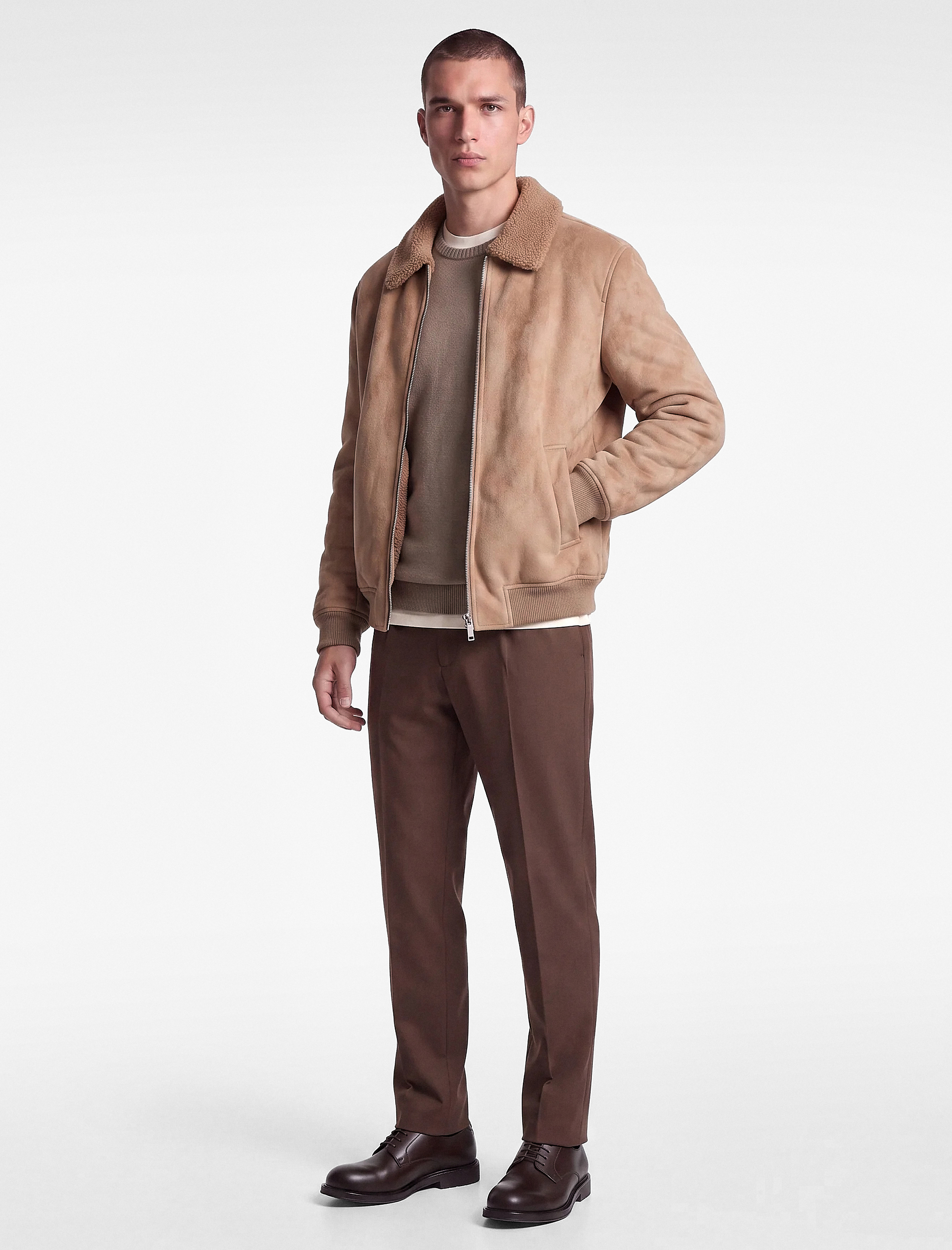   Peluş Yaka Fermuarlı Slim Fit Uzun Kollu Kışlık Suni Süet Ceket