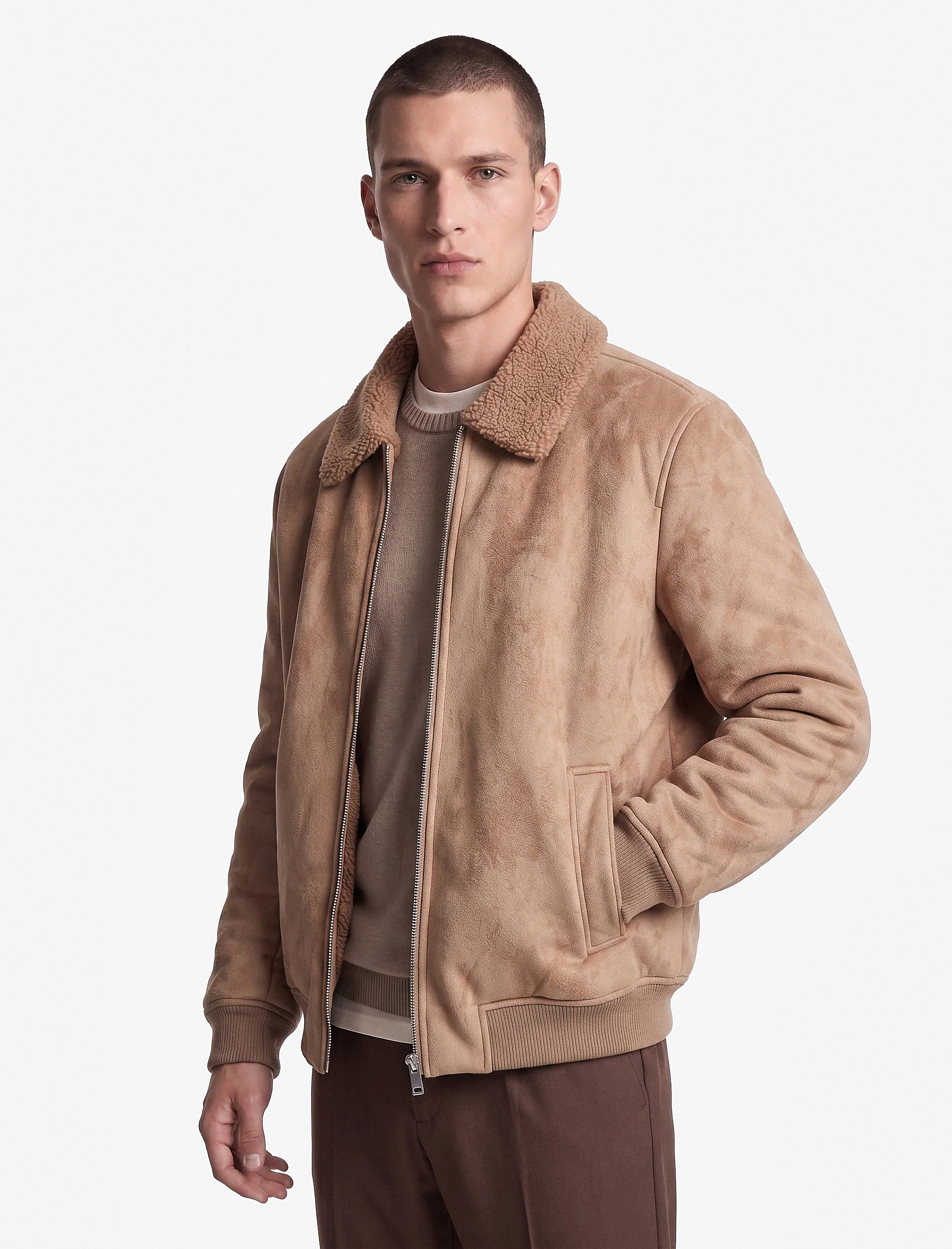   Peluş Yaka Fermuarlı Slim Fit Uzun Kollu Kışlık Suni Süet Ceket