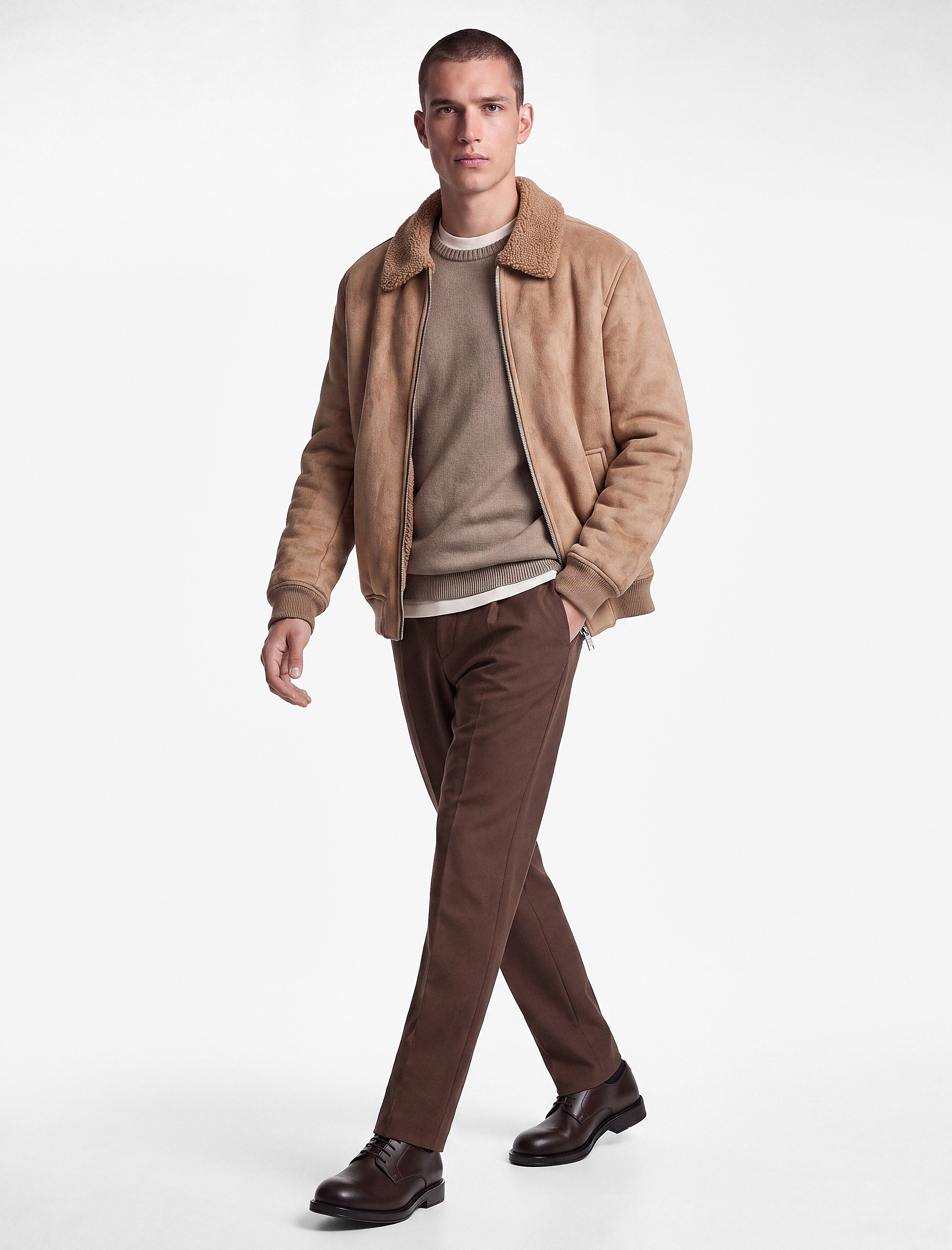   Peluş Yaka Fermuarlı Slim Fit Uzun Kollu Kışlık Suni Süet Ceket