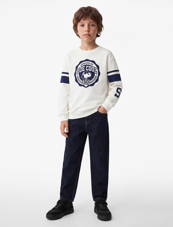 Erkek Çocuk Snoopy Baskılı Uzun Kollu Bisiklet Yaka Şardonlu Lisanslı Okul Sweatshirt