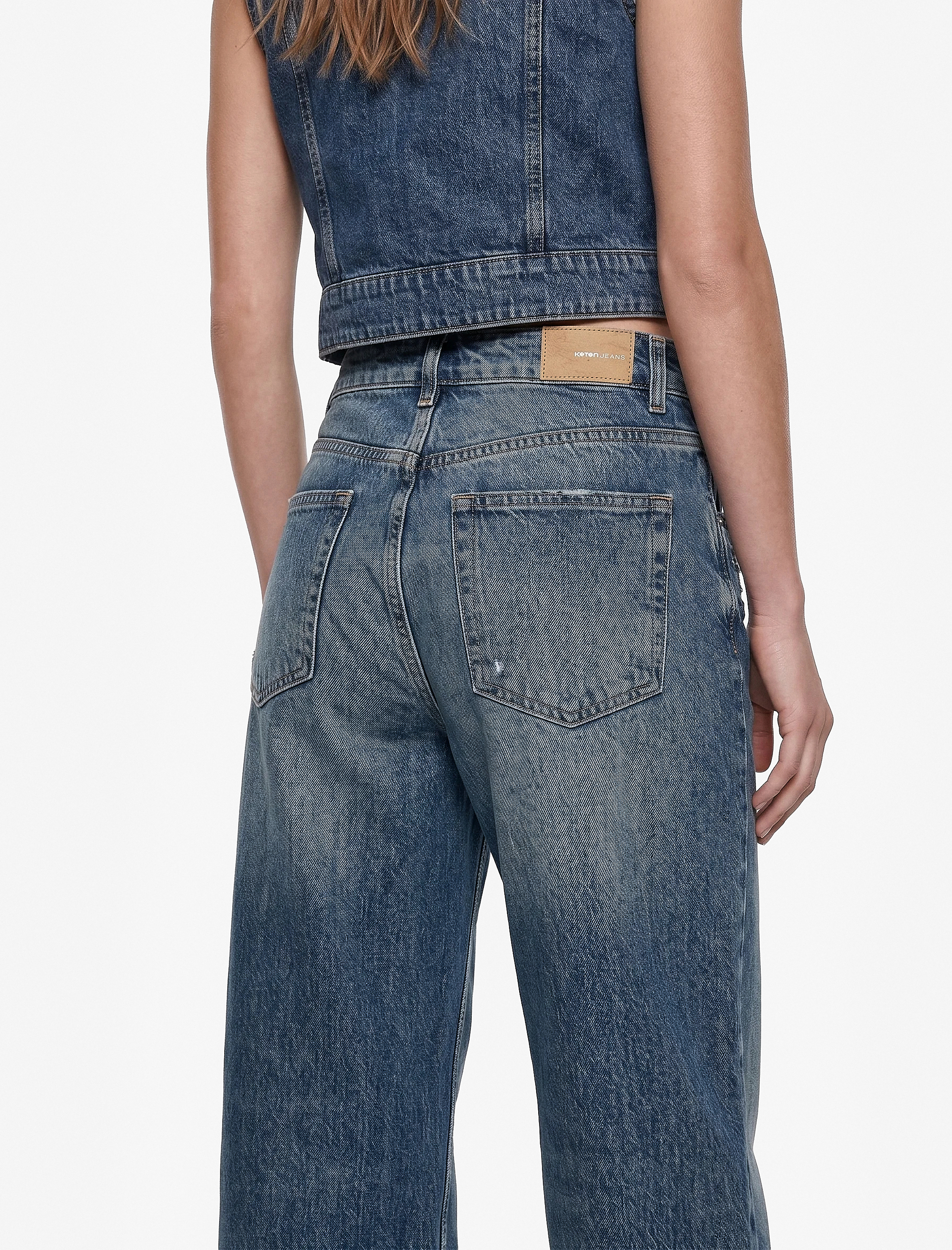 Koton Yıpratma Detaylı Rahat Kalıp Düz Paça Pamuklu Baggy Denim Pantolon - Baggy Jeans görsel 4