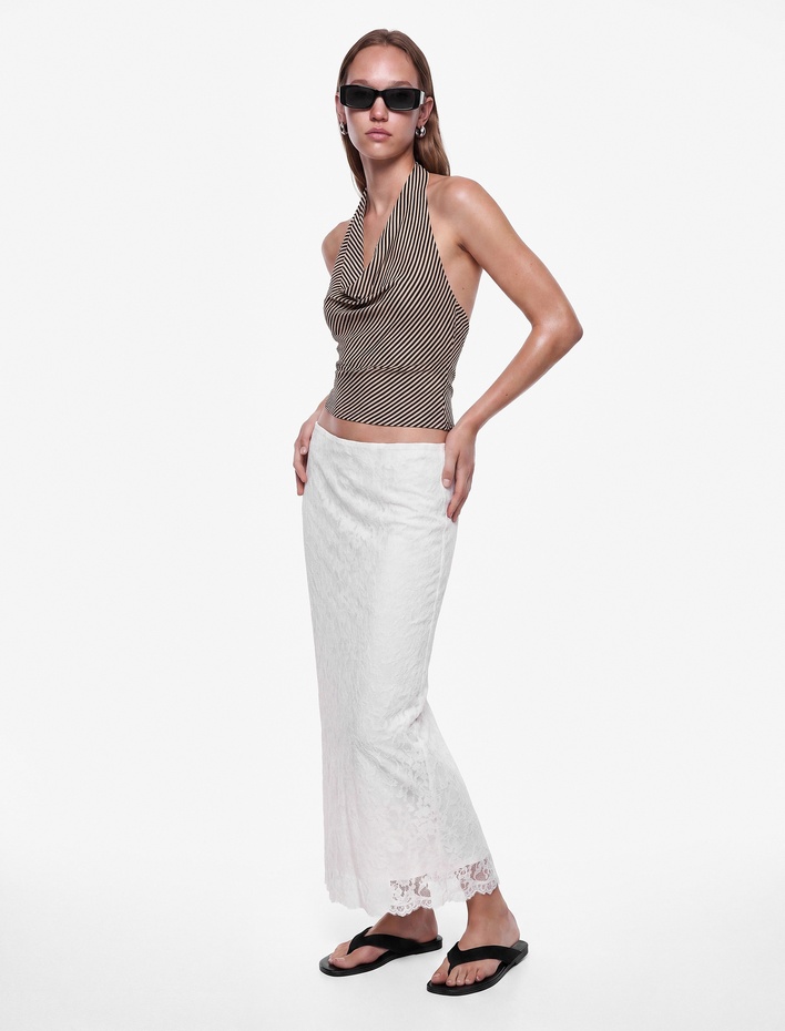  Slim Fit Normal Bel Midi Yırtmaçlı Dantel Etek