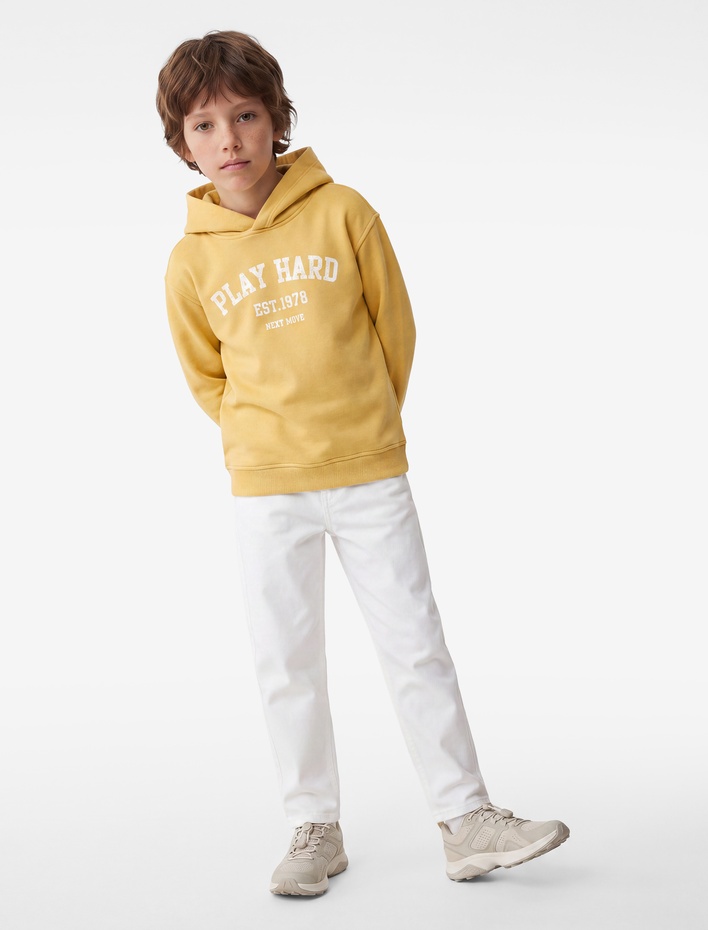 Erkek Çocuk Pamuklu Uzun Kollu Üç İplik Şardonlu Baskılı Kapşonlu Sweatshirt