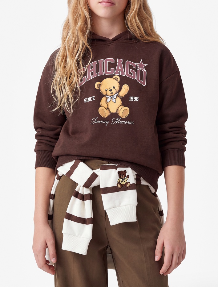 Kız Çocuk Ayıcık Baskılı ŞardonluUzun Kollu Kapşonlu Sweatshirt