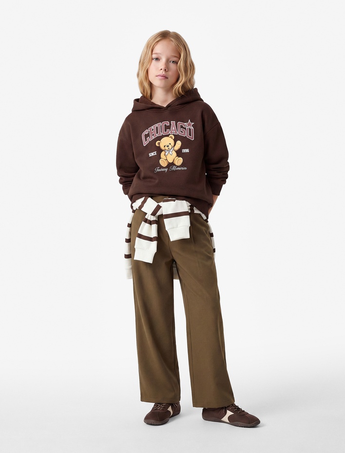 Kız Çocuk Ayıcık Baskılı ŞardonluUzun Kollu Kapşonlu Sweatshirt