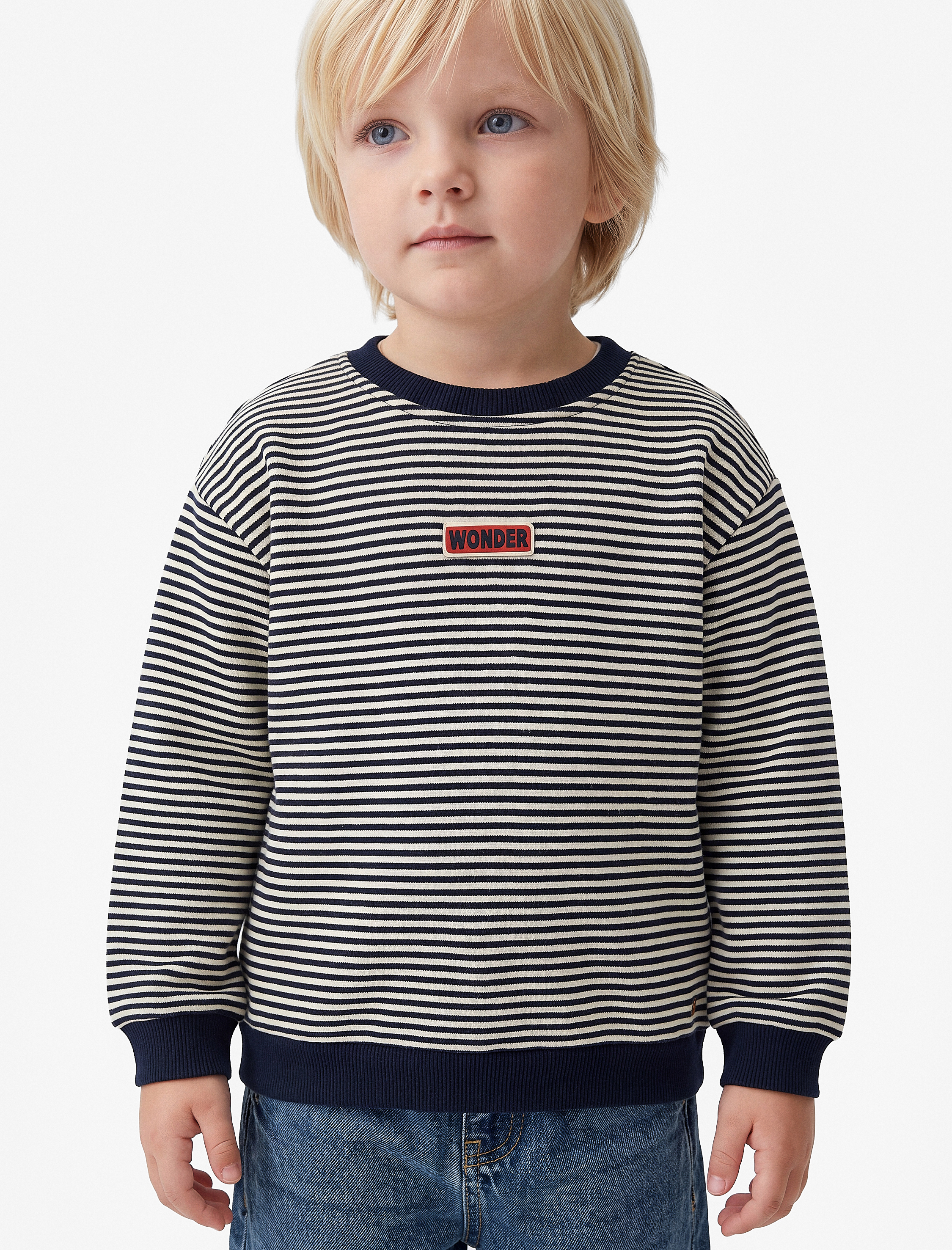  Erkek Bebek Etiket Detaylı Şardonlu Bisiklet Yaka Uzun Kollu Oversize Çizgili Sweatshirt