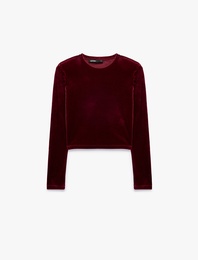 Uzun Kollu Bisiklet Yaka Slim Fit Kadife Crop Tişört