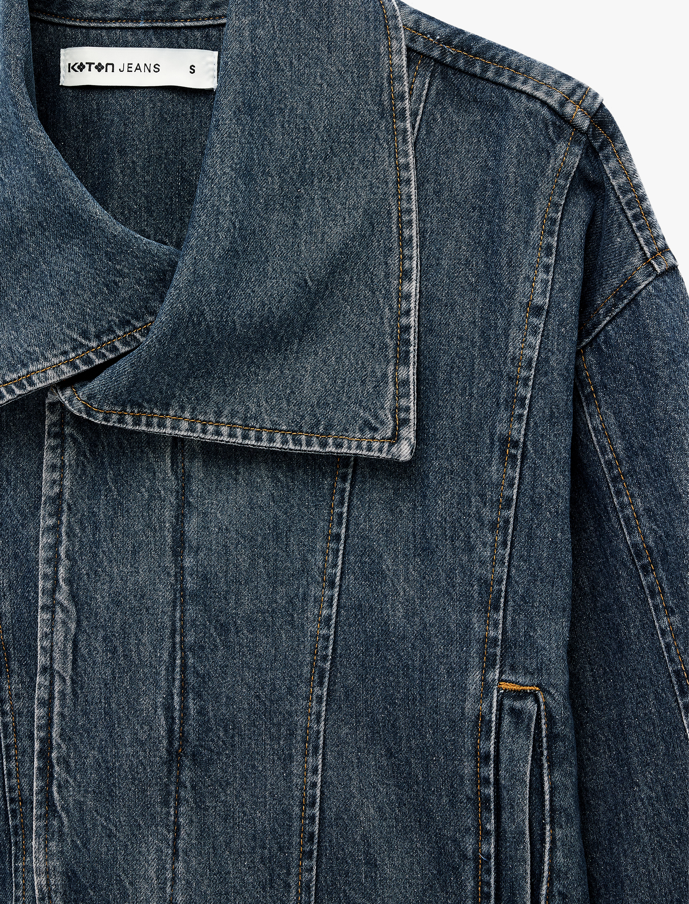   Dikiş Detaylı Cepli Düğmeli Kruvaze Yaka Denim Ceket
