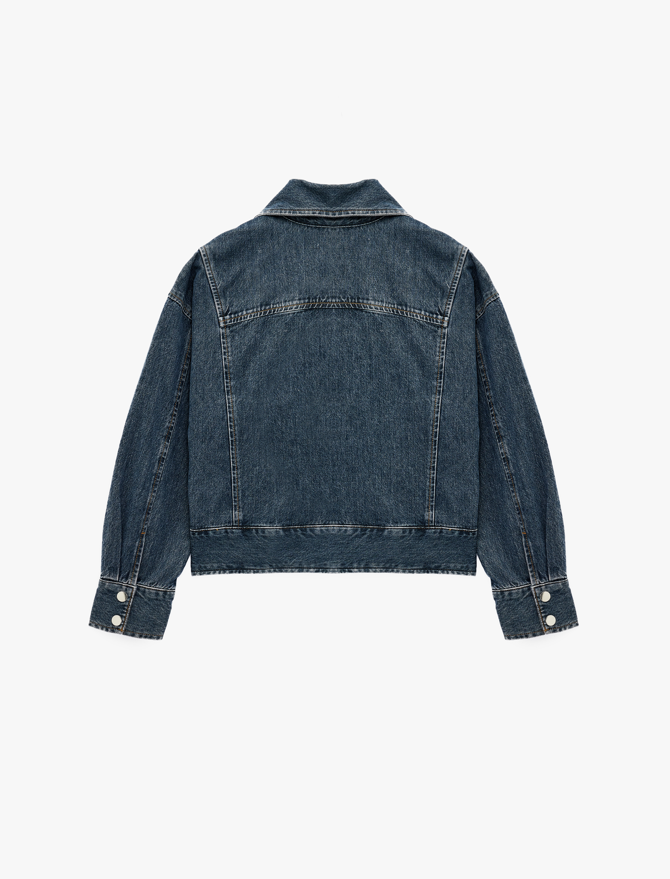   Dikiş Detaylı Cepli Düğmeli Kruvaze Yaka Denim Ceket