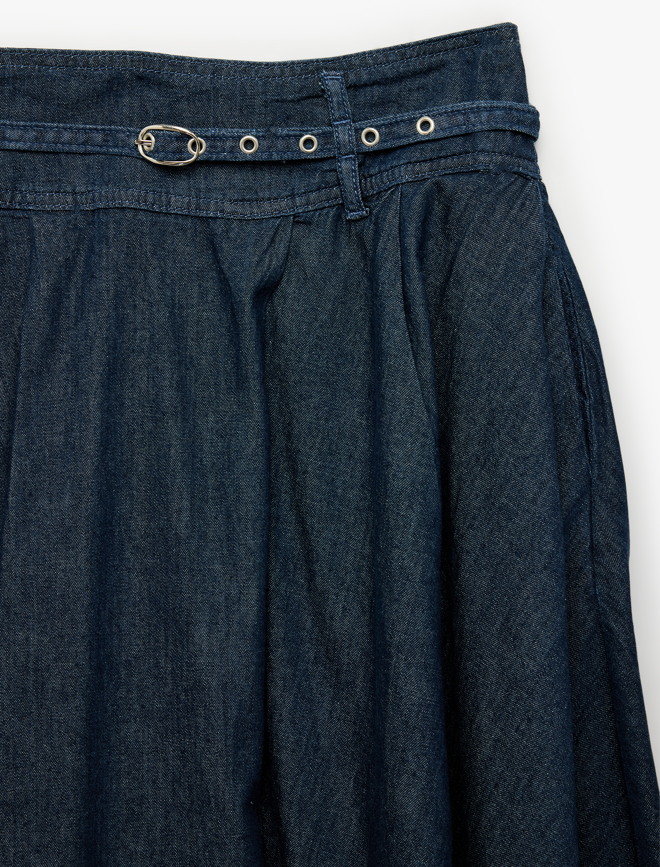   Kemer Detaylı Cepli Rahat Kesim Pamuklu Volanlı Midi Denim Etek