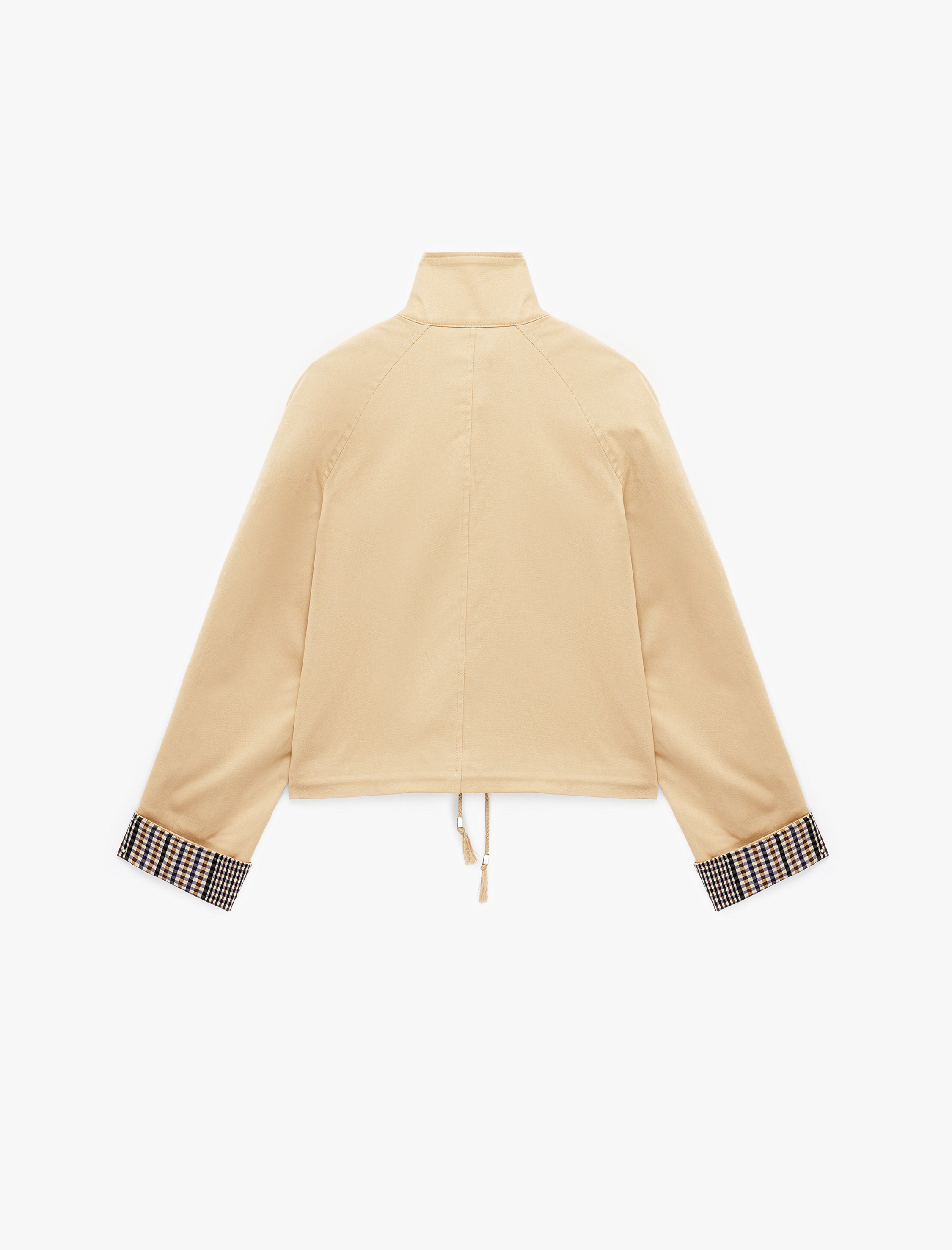   Uzun Kollu Düğmeli Ekose Astarlı Oversize Gabardin Dik Yaka Kısa Trençkot
