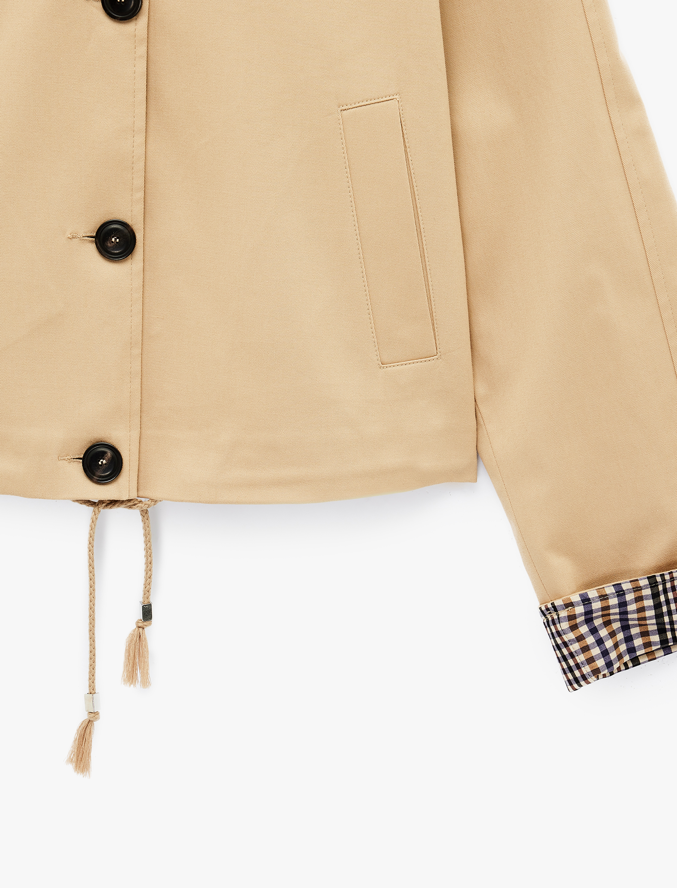   Uzun Kollu Düğmeli Ekose Astarlı Oversize Gabardin Dik Yaka Kısa Trençkot