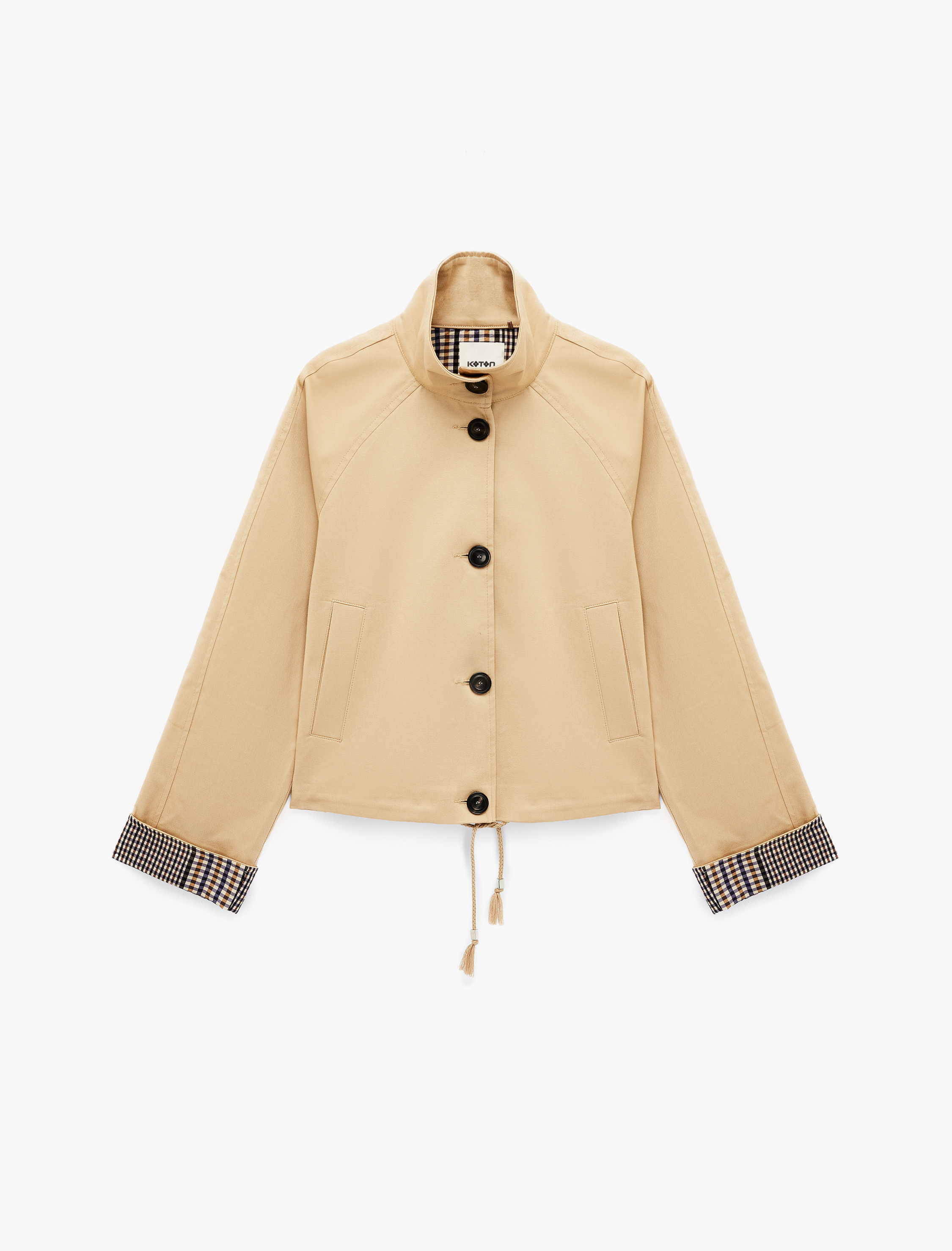   Uzun Kollu Düğmeli Ekose Astarlı Oversize Gabardin Dik Yaka Kısa Trençkot