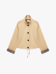 Uzun Kollu Düğmeli Ekose Astarlı Oversize Gabardin Dik Yaka Kısa Trençkot