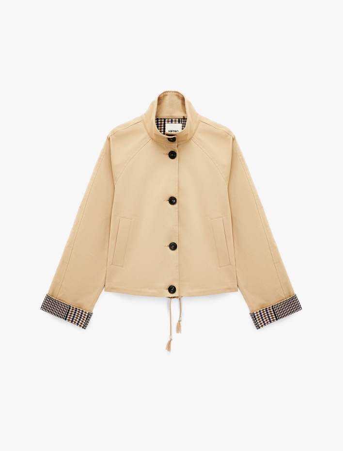 Uzun Kollu Düğmeli Ekose Astarlı Oversize Gabardin Dik Yaka Kısa Trençkot