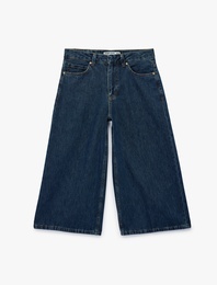 Normal Bel Cepli Rahat Kalıp Pamuklu Krop Geniş Paça Denim Pantolon - Culotte Jeans